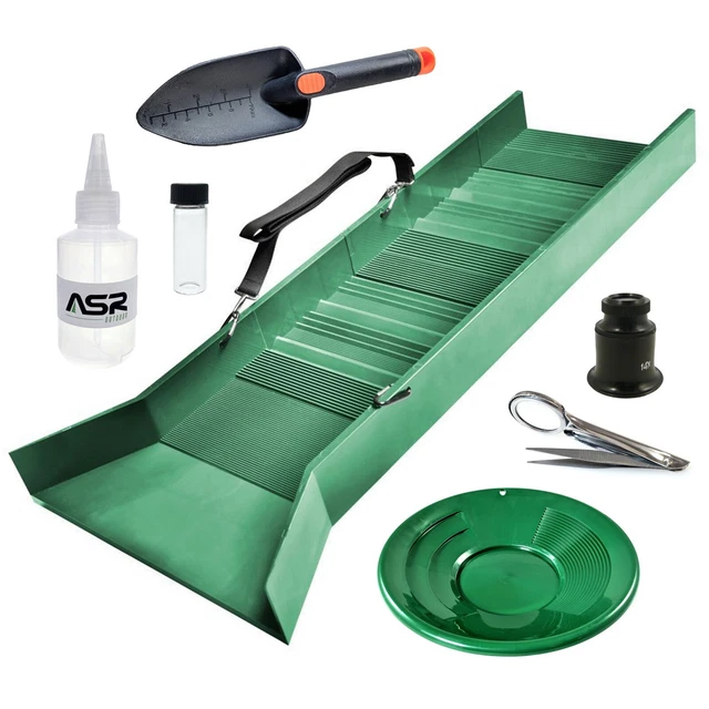 ASR Outdoor 7 Piece Sluice Box Gold Panning Kit | Snuffer Trowel Tweezer Loupe