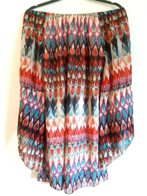 Truth Top Sz L On/Off Shoulder Colorful Flounce Sleeve Aztec Native Tunic EUC