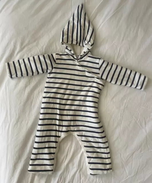 Petit Bateau Navy & White Striped Romper size 12m - Baby Padded Hooded Jumpsuit