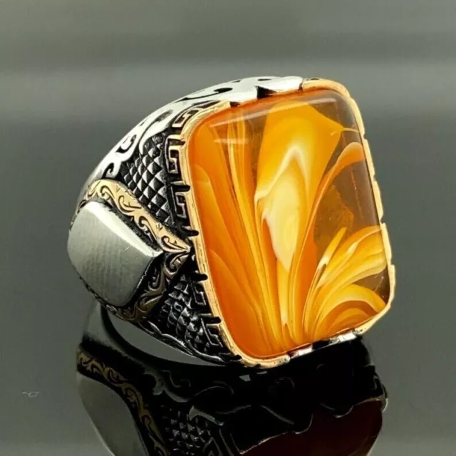 Amber Stone Ring ,Silver Handmade Honey Amber Ring , greek style ring .