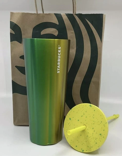 STARBUCKS 2022 GREEN Yellow Paint Splatter Lid Venti 24oz Steel Metal