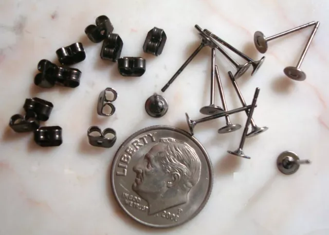 Black plated 4mm glue solder on earring pad post pierced earrings & backs fpe088