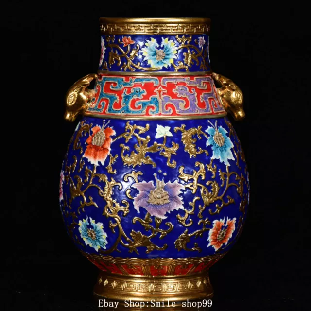 11.8" Qing Qianlong Enamel Colour Porcelain Gilt Lotus Deer Ears Zun Bottle Vase