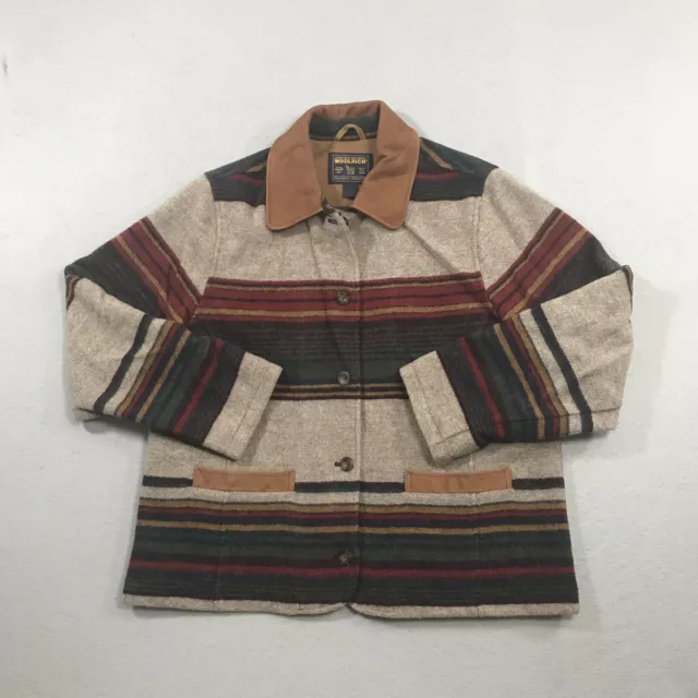 Woolrich Wool Blanket Serape Striped Jacket Womens L Leather Accents USA Vintage