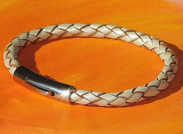 Hombre/Mujer 5mm Crema Trenzado Pulsera de Cuero y Acero Inoxidable -