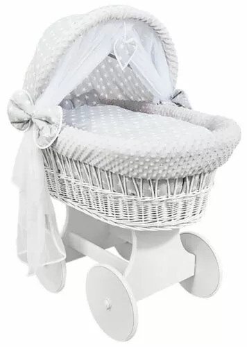 White Wicker Wheels Crib/baby Moses Basket+ Bedding White Stars On Grey/dimple