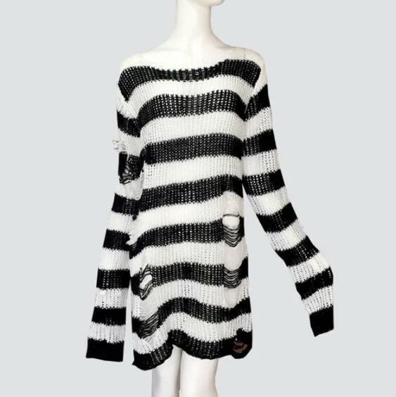 Expédié de Paris - Pull Femme Gothique Déchirée Blanc Noir Goth Rayure Tunique