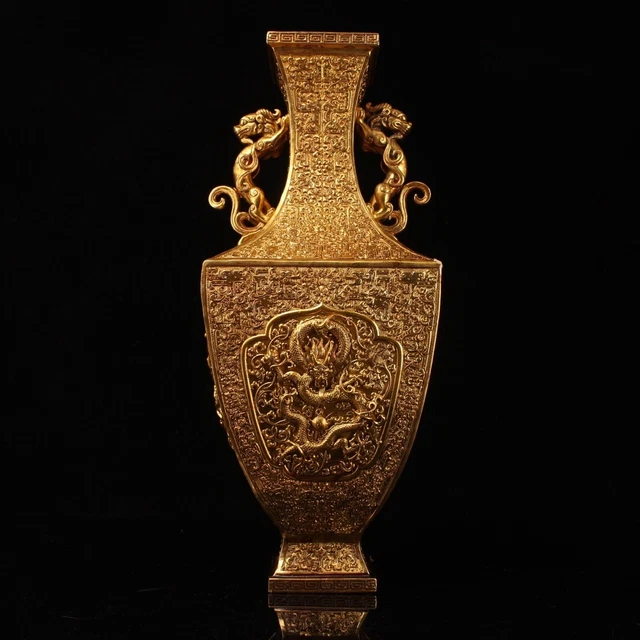 Rare Pure Copper Relief Gilded Flower Vase from the Qing Dynasty
