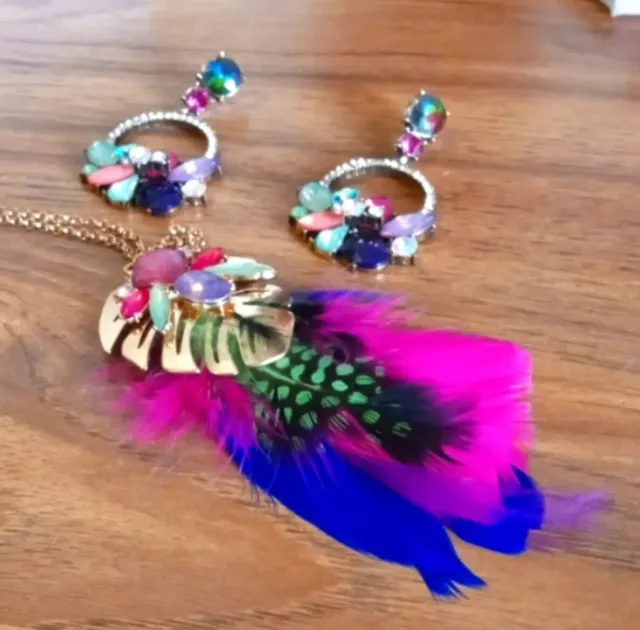 NEW. Charming Charlie. Colorful Feathers Necklace/ Colorful Crystal Earrings.