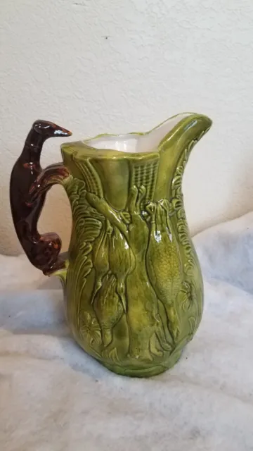 Vntg Grn. 1969 Mojolica Hunting Jug/Pitcher Greyhound Dog Handle Signed