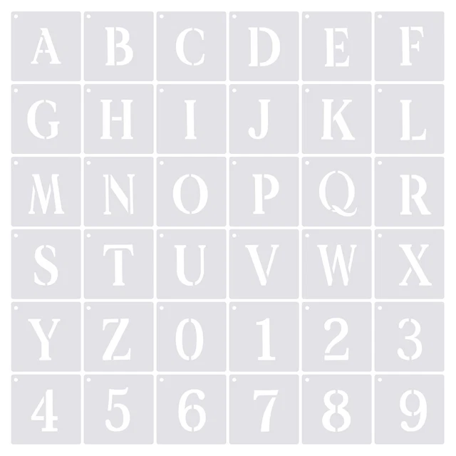 Paquete de 6" 36 Letras Números Plantillas 5.7" Ancho con Anillo para Dibujo Blanco