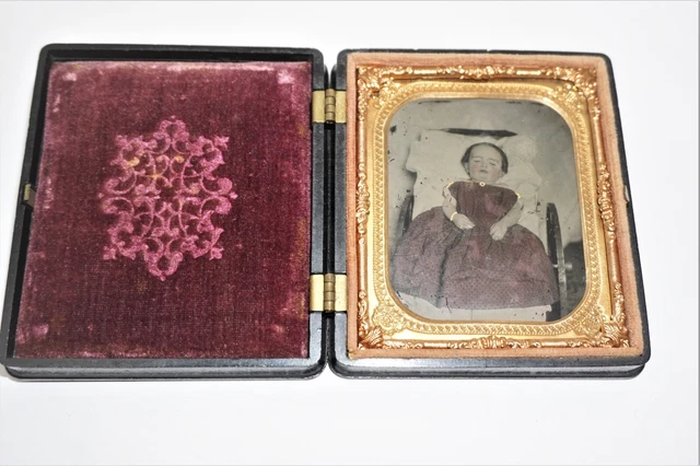 1860s Post Mortem Child Ambrotype 1/6th Plate Photo Tinted Dress Jewelry
