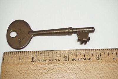 Vintage Marked National Key Antique Brass Solid Barrel Skeleton Key 2 7/8"