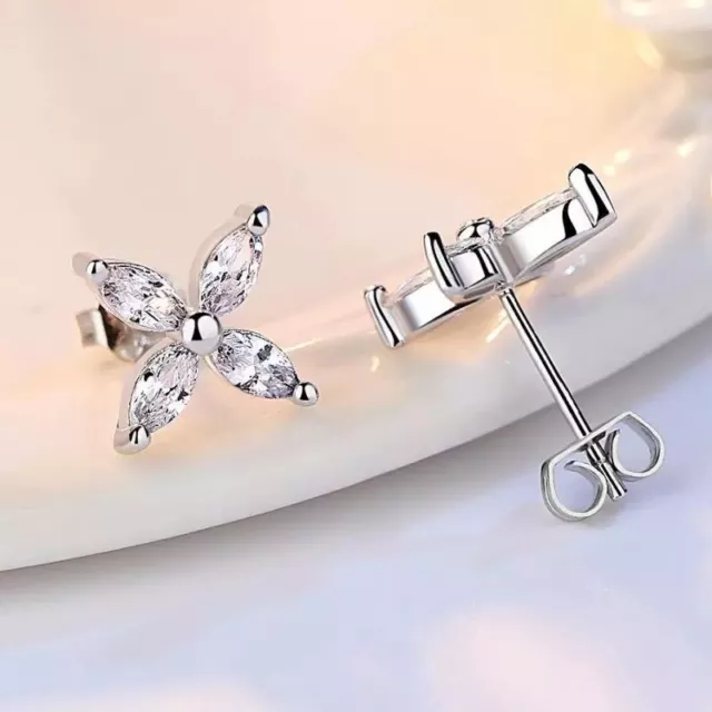9K Real White Gold Filled Flower Stud Earrings Made With  Swarovski Crystals Wg1