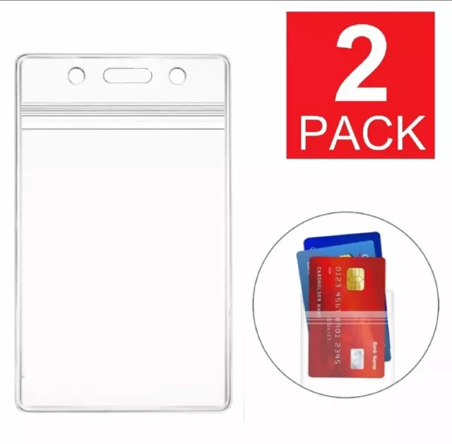 2-Pack Vertical ID Card Holder Clear Plastic Badge Resealable Waterproof credit