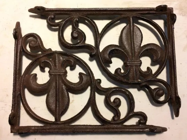 SET OF 2 FLEUR DE LIS SHELF BRACKET BRACE, Antique Brown Finish cast iron