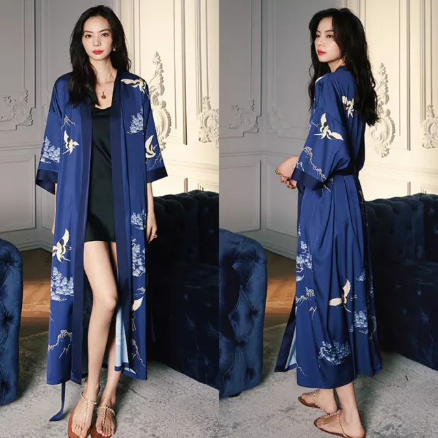 Women Floral Long Robe Satin Silky Bathrobe Sleepwear Night Gown Dress Fashion