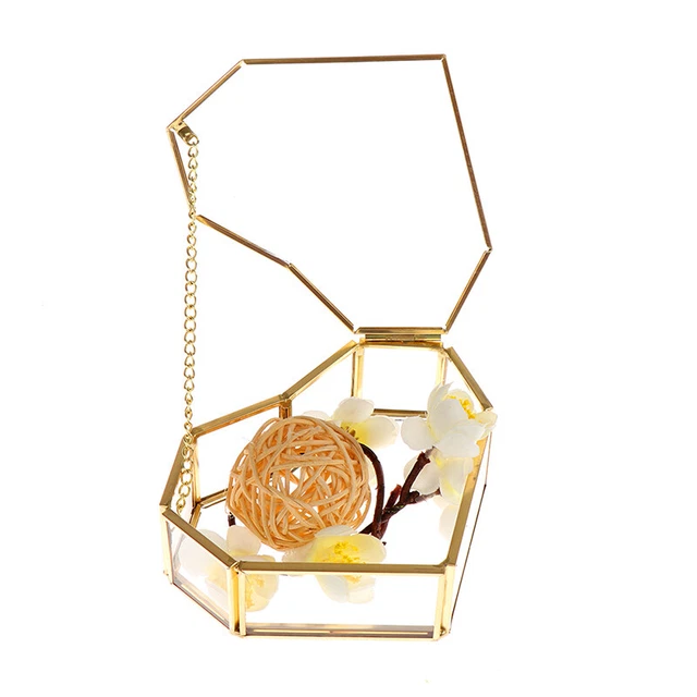 Heart Shape Geometrical Glass Jewelry Box Wedding Ring Box Ring Organizer Ho  F3