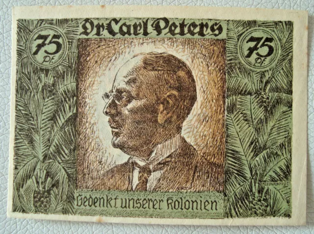 Notgeld German Colonies 75 Pfg 1921 Dr.CARL PETERS Kolonialgedenktag Old (2515)