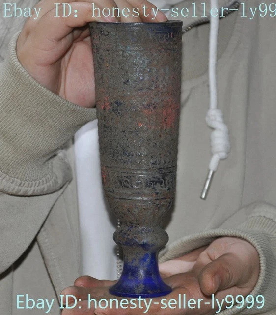 7.6"Old China Glass Carved Han dynasty Sacrifice Fengshui Goblet wineglass cup