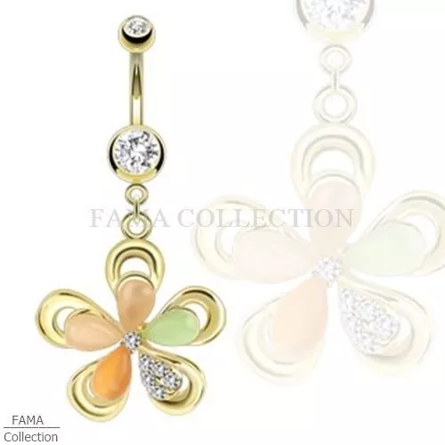 FAMA 14kt Gold Plated Navel Ring Flower with Cateye Gems and CZ Petals Dangle