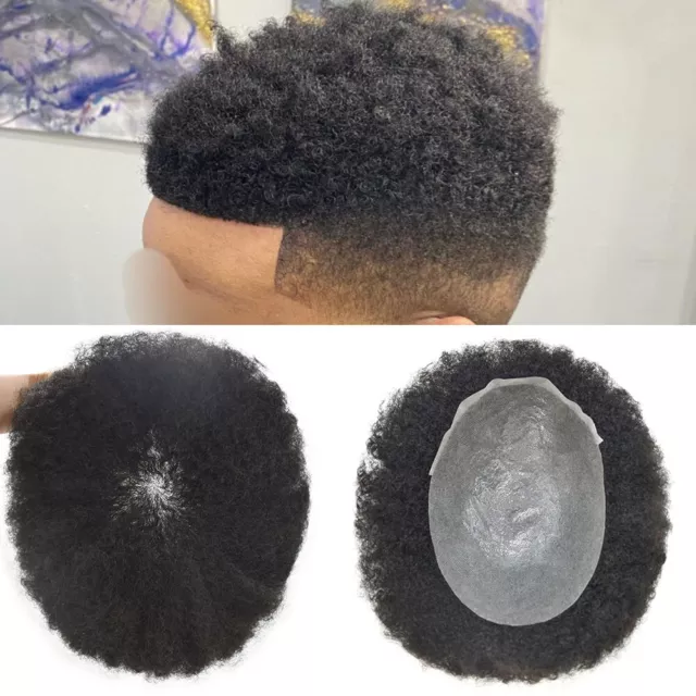 Mens Toupee Afro Curly Thin Skin African American Black Human Hairpiece