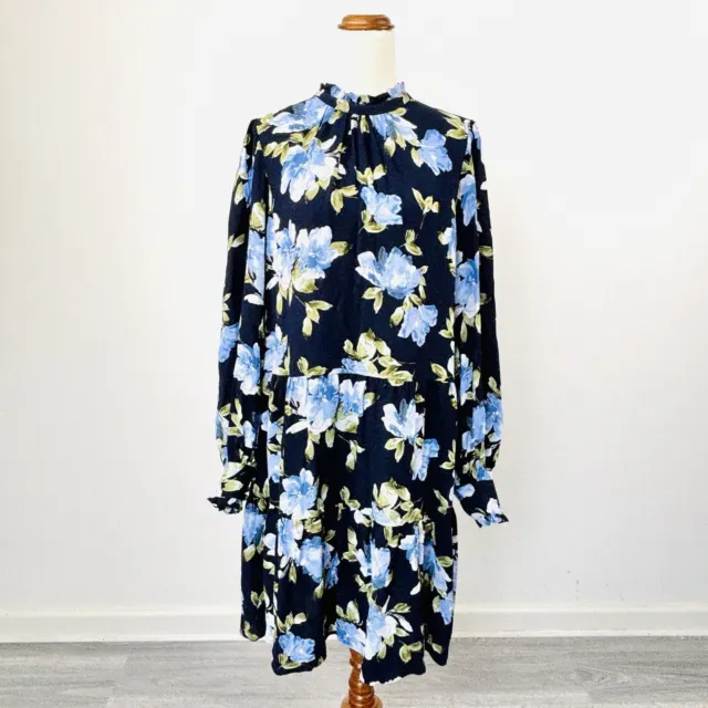 Witchery Soft Ruffle Shift Dress Floral Blue Black Tiered Long Sleeve Size 12