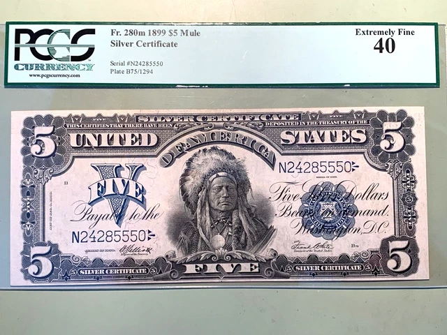 1899 $5 Silver Certificate Chief Mule - Fr. 280m - Graded PCGS 40 XF