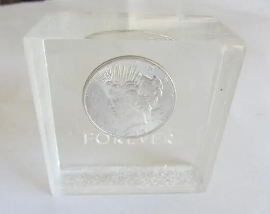 Vintage BU 1922-D Denver Mint Peace Silver Dollar "Forever" Lucite Paperweight