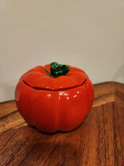Vintage Artist Made Heirloom Tomato Fruit Glazed Pottery Sugar Bowl with Lid 2