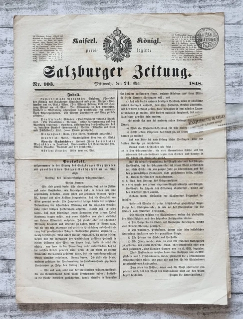 1848 Salzburger Zeitung Nr 103 Österreich Revolution Salzburg Bürger Ausschuss