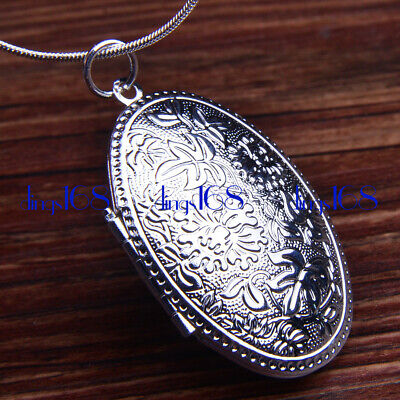 925 Sterling Silver Large Oval Carved Open Locket Pendant +Necklace Chain Set C2