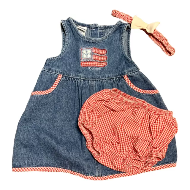 Vtg OshKosh B’Gosh Girls Overalls Denim Dress 3 Piece Set USA Flag Gingham 18 MO