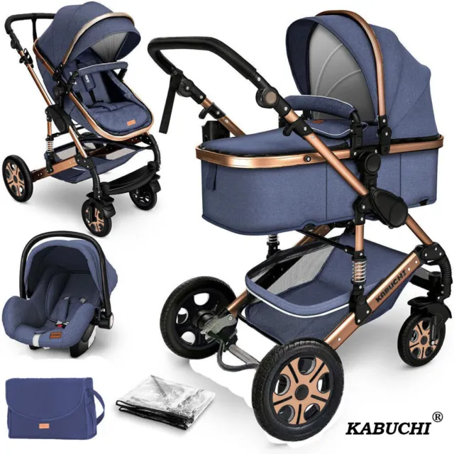 KABUCHI® Baby Pram 3 in 1 Travel System With Carseat Mum Bag Rain Cover Foot muf