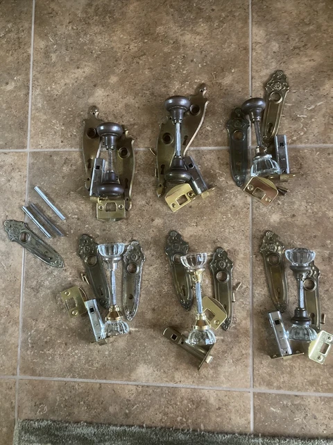 Antique Door Knobs With Back Plates 7-12 Point Crystal Glass 5 Brass Balls