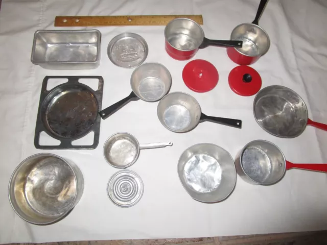 Lot Of 15 Child's Vintage Kitchen Toy Aluminum Pots Pans Etc Some Red