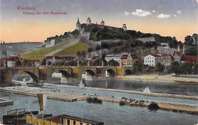 Würzburg AK Festung mit alter Mainbrücke alte farbige Postkarte um 1910