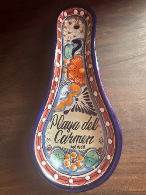 Playa Del Carmen Pottery Hand Painted Lead Free Spoon Rest 9” X 4” Multi-Colored