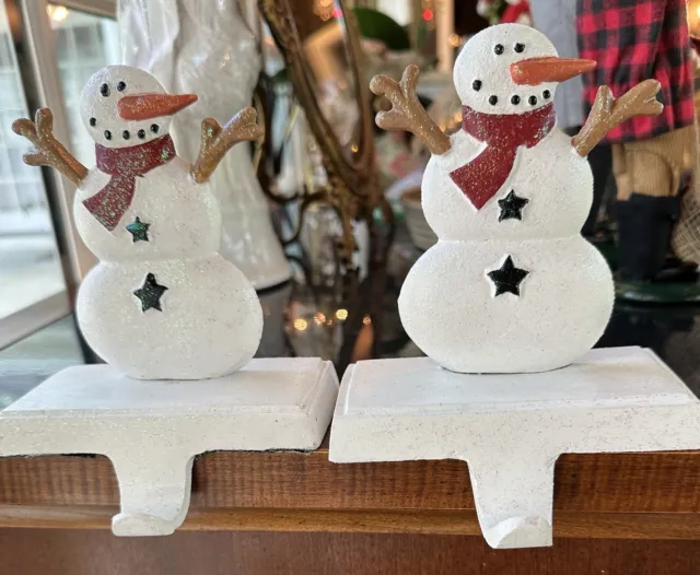 Cast Iron Snowman Stocking Holder Hanger Heavy Base Christmas Set Of Two CUTE!