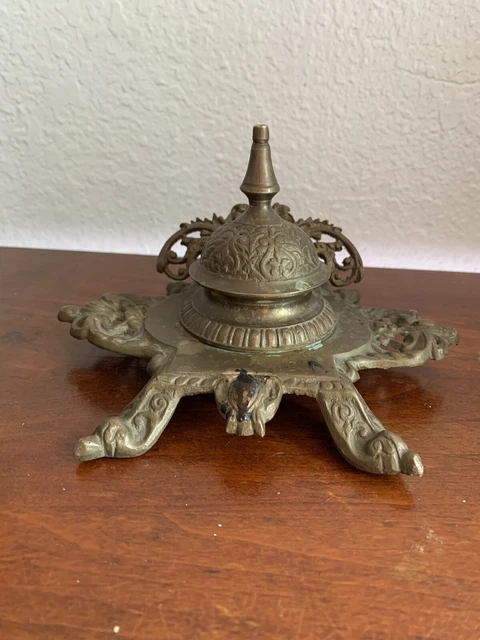 Vintage Victorian Style Solid Brass Ornate Inkwell Single Pot