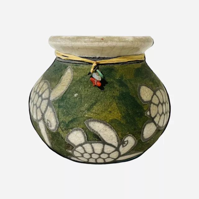 Ben Diller Hawaiian Raku Studio Art Pottery Handmade Iridescent Sea Turtle Vase