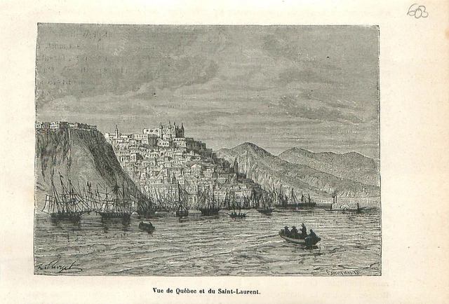 Vue de Québec et du fleuve Saint-Laurent Canada  en 1758 GRAVURE 1883