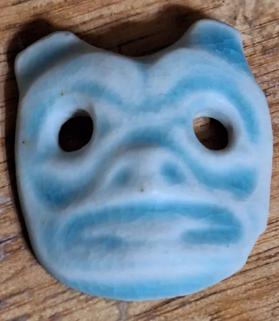 Vintage (1) Ceramic "Tiki" Mask Type 2 Hole Button Blue White L👀K! .41" × .33"