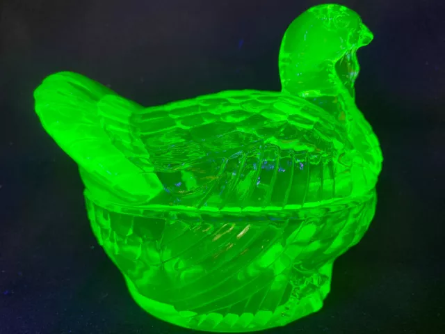 Green Vaseline Uranium glass Hen Turkey on nest basket covered butter dish glows