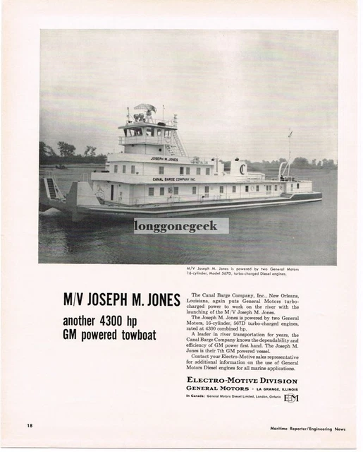 1963 GM Electro Motive Division MV Joseph Jones Tugboat Canal Barge Vintage Ad