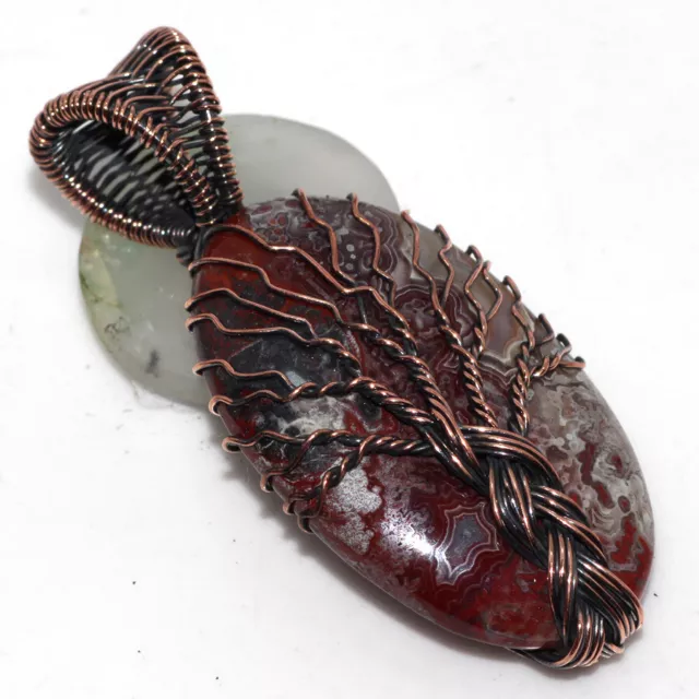 Mexican Laguna Lace Ethnic Copper Wire-Wrapped Gemstone Pendant Jewelry 2.1" JW