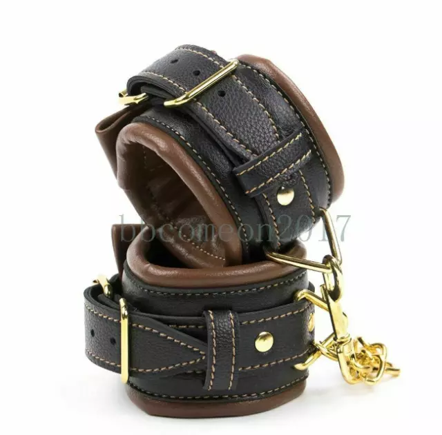 Brown-Leather-Wrist-Ankle-Cuffs-Handcuff-Collar-Bondage-Padded-Restraint-Toy