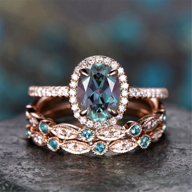 3pcs Vintage Unique Oval Cut Engagement Ring Rose Gold Ring Art Deco Bridal Ring