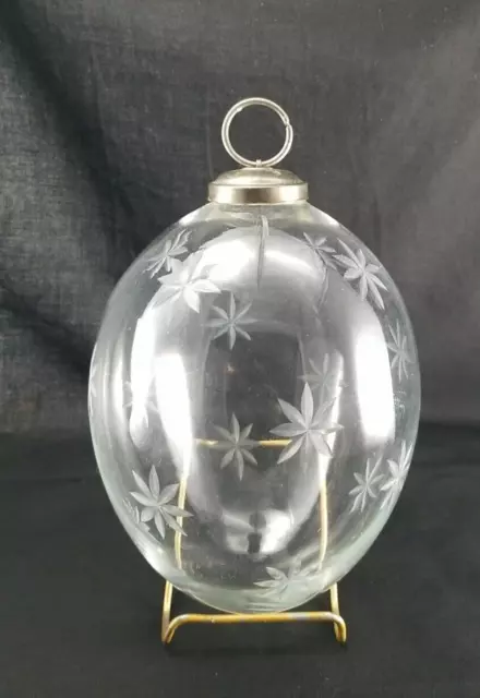Vintage Kugel Type Large Clear Glass W/Star Etched Egg Shape Ornament 6" x 4.5"