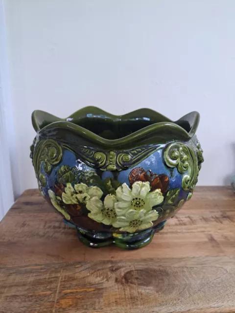 ANTIQUE 19th Century ENGLAND JARDINIERE MAJOLICA 11" x 9.5"